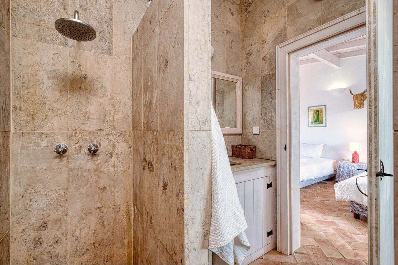 A walk-in shower room