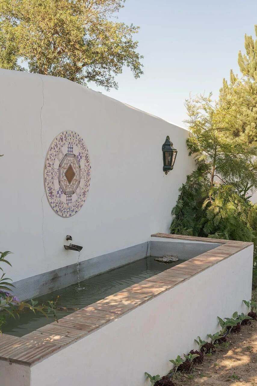 The fountain trough with its tiled medallion